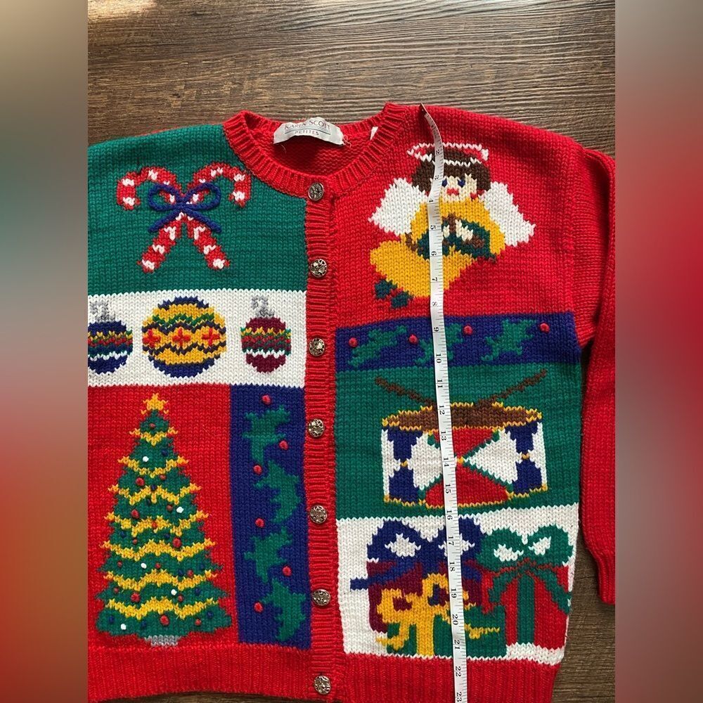 KAREN SCOTT vintage 90s knit Christmas cardigan holiday sweater cute granny L - Picture 12 of 16